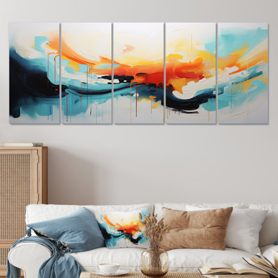 "Vagues abstraites colorées bleues et oranges II", 5 pièces