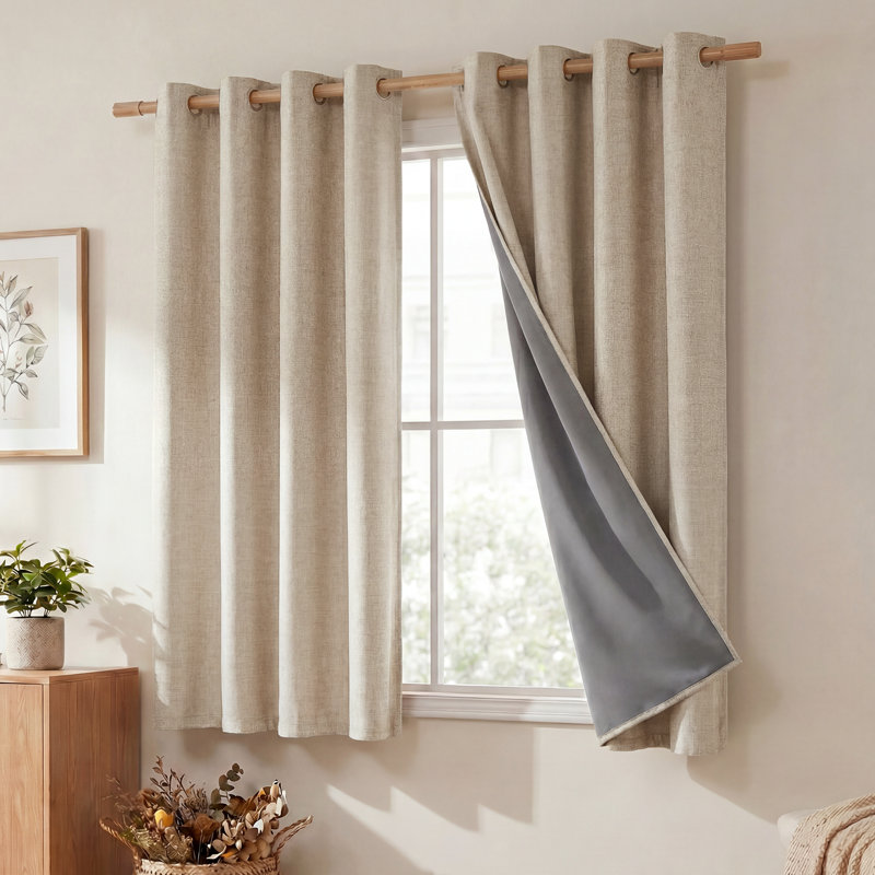 100% Blackout Short Curtains 63 inches Lenghth Burg for Kitchen, Burlap Linen Drapes with Thermal Insulated Grey Liner, Keeping Out Cold Air and Heat Panels, 2 Panels