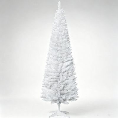 6 Ft White Slim Pencil Style Unlit Artificial Christmas Tree With 390 Realistic Plastic Branch Tips 21.75 Inch Base Diameter Flame Retardant Material Detachable Stable Plastic Base For Narrow Space Home Holiday Decoration