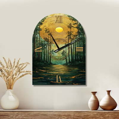 Horloge murale rustique en métal avec motif d'arche, imprimée sur métal, représentant le chemin forestier du Soleil d'Or