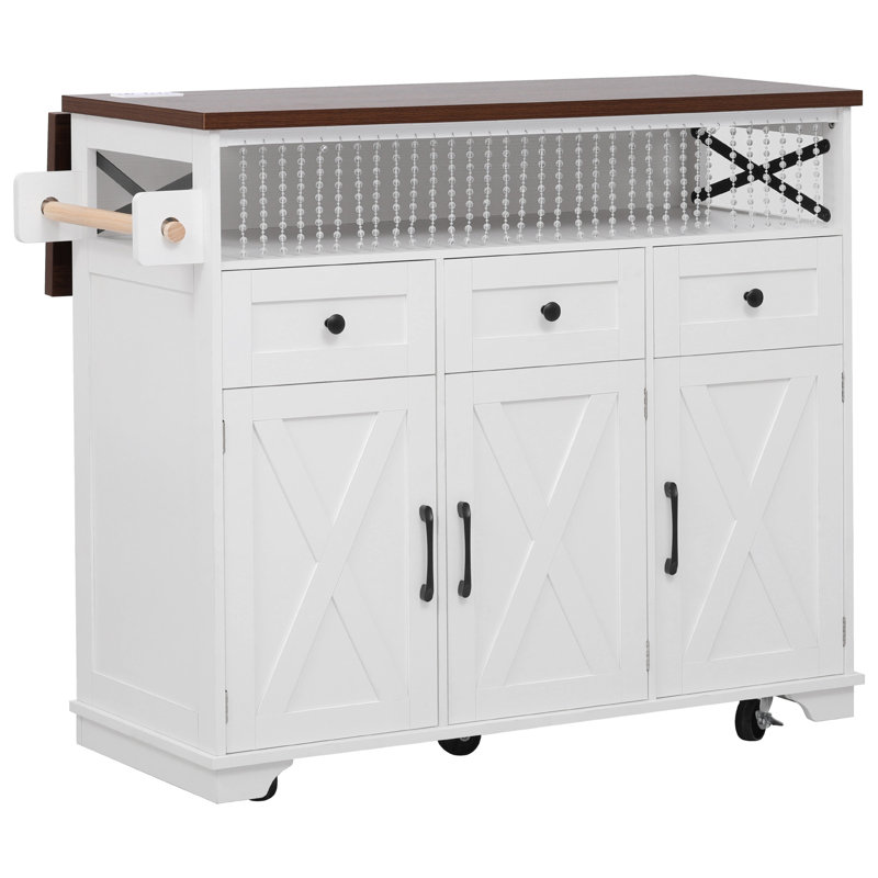 46.5'' Farmhouse Kitchen Island With Drape Of Beads, Power Outlet, Rolling Kitchen Cart On Wheels With Drop Leaf, 3 Doors , 3 Drawers And Internal Iron Shelf, For Kitchen, Dining Room, White