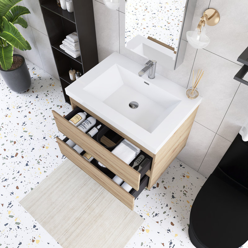 30'' Wall-Mounted Single Bathroom Vanity With Integrated Resin Top, Oak