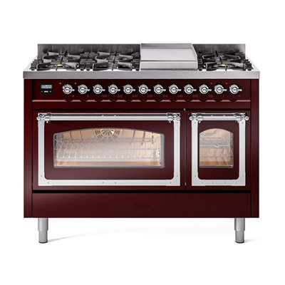 ILVE Nostalgie II Series Noblesse 48 inch Dual Fuel Range with 8 Sealed Burners, Griddle (Glass Door)