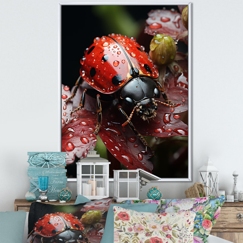" Rainy Ladybugs Lullaby II ", White Floater Framed, 40" H x 30" W x 1.5" D