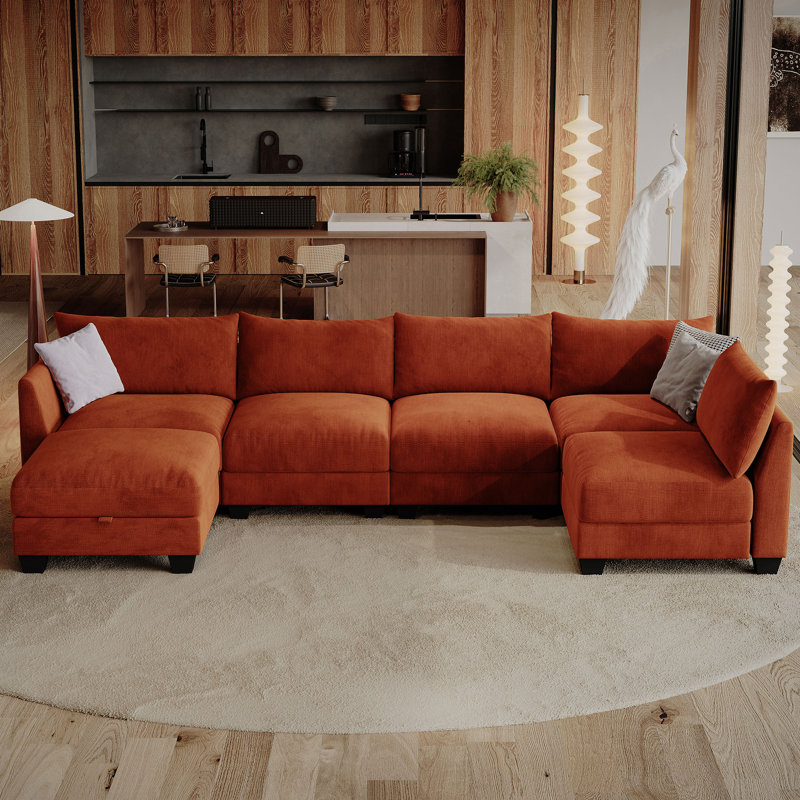 Amold 124'' Sectional Sofa, 6-Seater L-shaped Modular Sofa, Living Room Comfortable Cloud Couch With Ottoman Storage