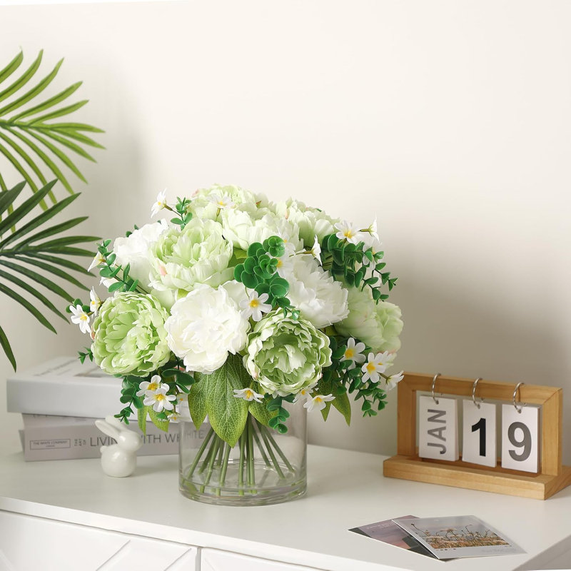 17 pièces pivoines artificielles avec vase pivoine fleurs artificielles en soie dans un vase en verre pour bureaux à domicile, mariages, fêtes, centres de table, décor