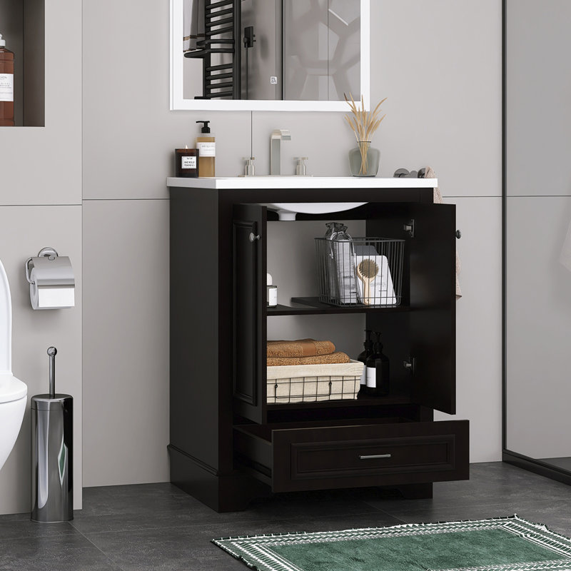 24 In. Freestanding Bathroom Vanity Set With Ceramic Integrate Sink Top, Black, Silver