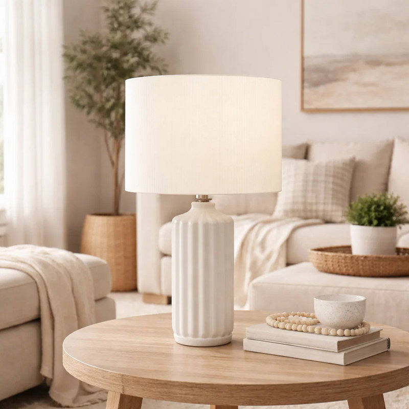 Limy Table Lamp, 23 Inch, Ivory Drum Shade, Ribbed Cream White Ceramic, Cream White