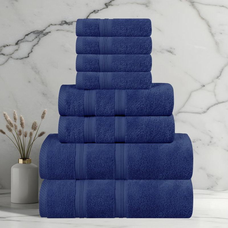  Smart Quick-Dry Zero Twist Cotton 8-Piece Towel Set, Navy Blue
