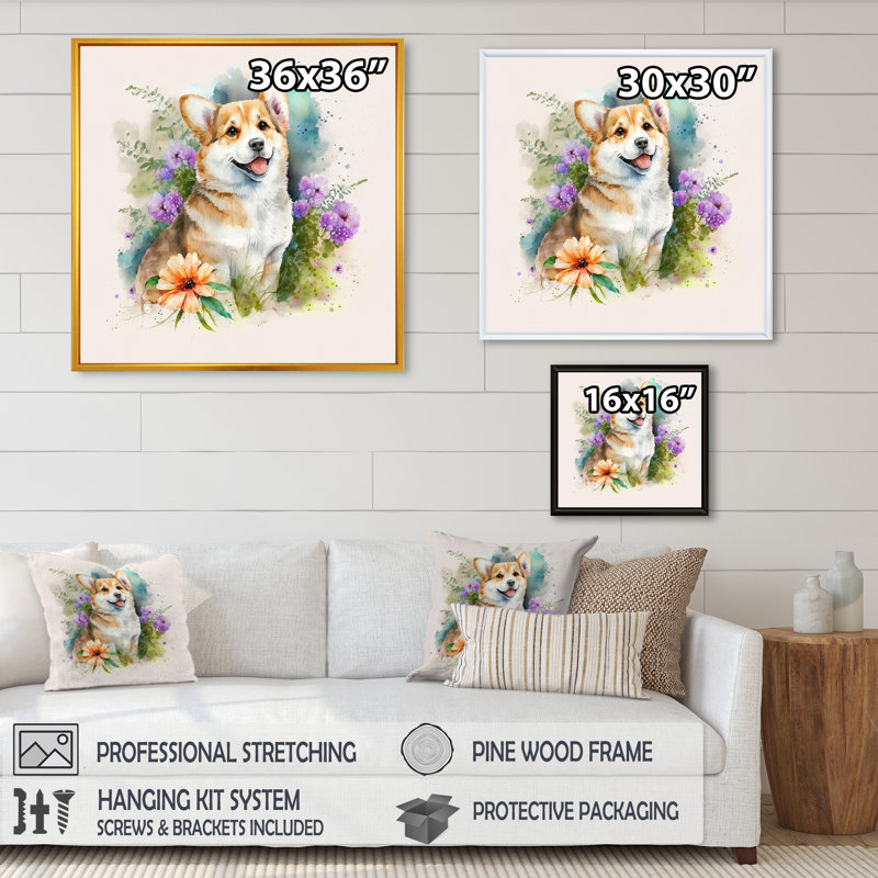 «Cute Little Corgi Dog», reproduction sur toile, L 36 po x H 36 po, Toile avec cadre flottant or