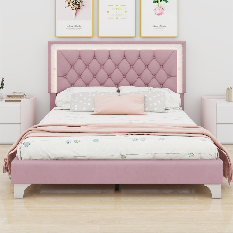 Structure de lit tapissier avec lumières DEL, lit plateforme moderne avec tête de lit capitonnée, Rose