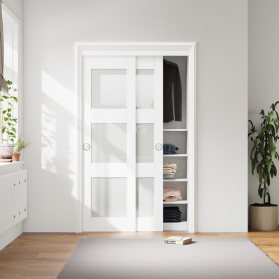 80" 3-lite Frosted glass and Solid Manufactured Wood White Sliding Closet Door with Installation Hardware Kit