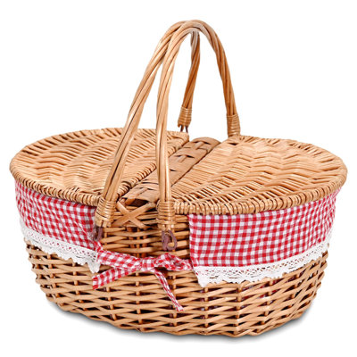 Panier de pique-nique en osier avec doublure amovible Paniers de pique-nique vides avec couvercle pour 2, panier à pique-nique avec poignées pliables pour pique-nique 2, damier