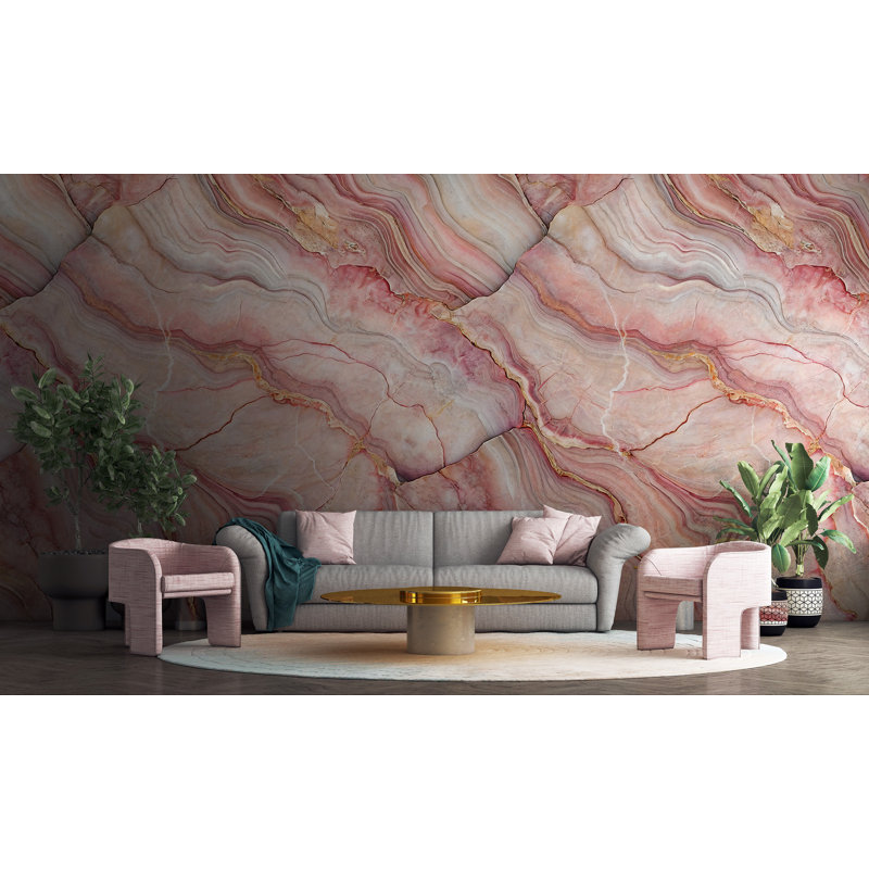 Papier peint effet marbre rose avec motif de pierre abstraite et veines dorées, L 40 po x l 60 po, Non tissé