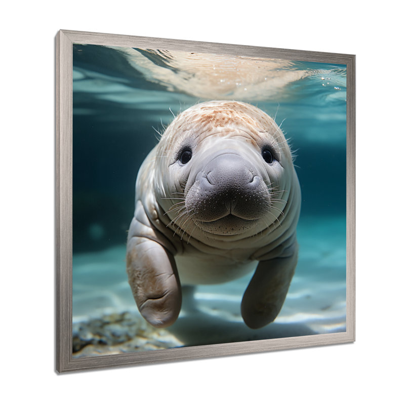 Curious Manatee Gaze III - Art mural lamantin, H 30 po x l 30 po x P 1,5 po, Cadre photo argenté