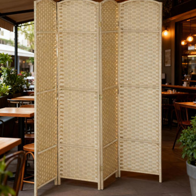Paravent d'intimité à 4 panneaux tissés à la main avec plateau arqué, polypropylène et bois de pin, beige, pour la chambre à coucher