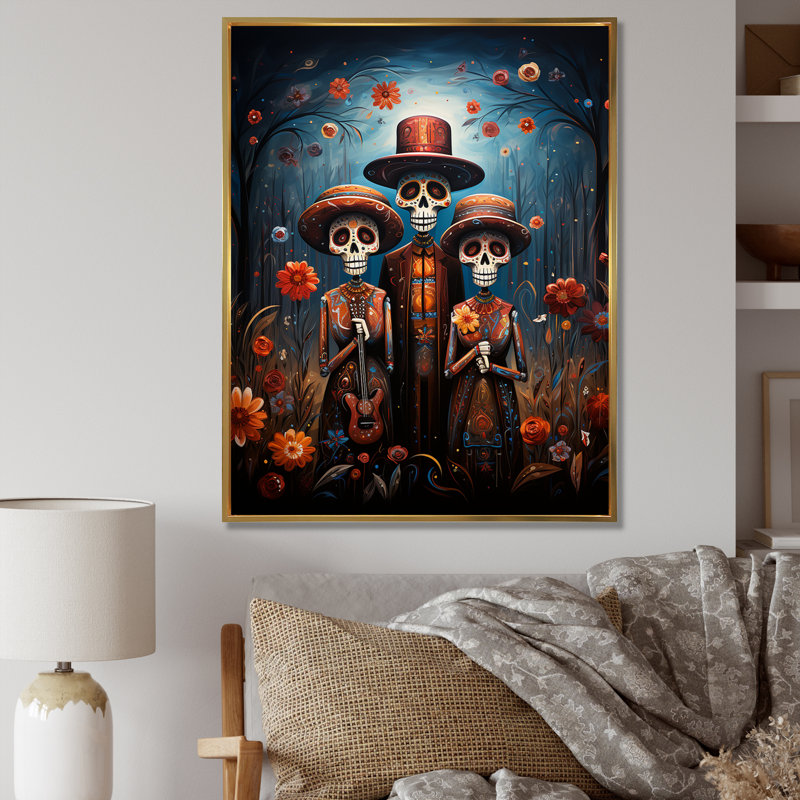 Art mexicain, Jour des Morts 2 - Art mural mexicain, Cadre flottant doré, 40" H x 30" W