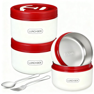 Insulated Bento Box, Portable Stainless Steel Food Container With Insulated Bag, 4 Pcs (Red)