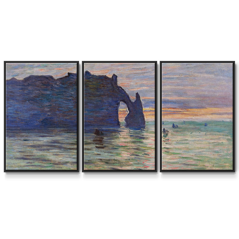 Etretat, Sunset, 1883, reproduction d'art encadrée sur toile 3 pièces, H 36 po x l 75 po x P 2 po, Noir