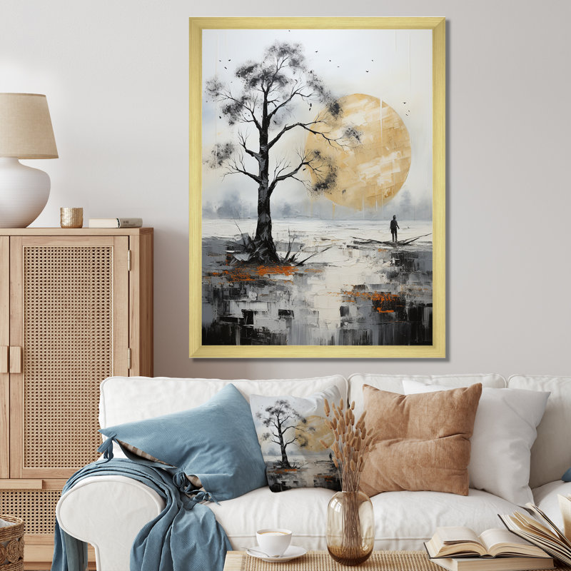 Arbre Maïida gris et jaune minimalisme Solitude I, H 32 po x l 24 po x P 1 po, Encadrement doré