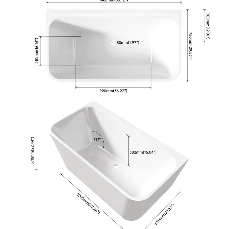 59.51 Inches Deep Acrylic Rectangular Bathtub, Gloss White Color, Non - Slip Design, Fiberglass Reinforcement For Long Lasting Performance 59" Soaking Bath Tub, In Surface, Reinforced Layer,