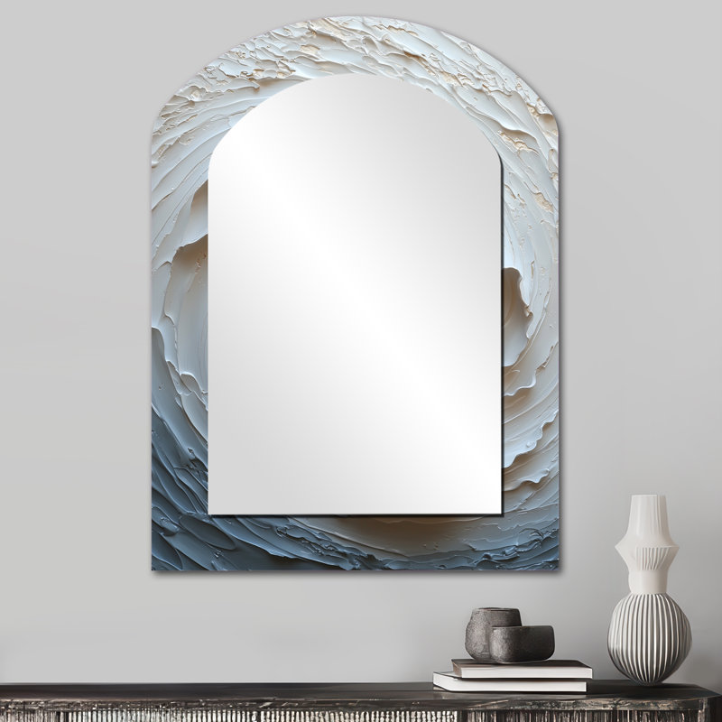 Beige And Whitee Sunrise Abstract Waves II - Abstract Spirals Asymmetrical Large Wall Mirror, Gold Freeform Decorative Mirror, Printed Metal Art