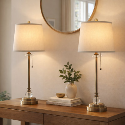 Royal Designs, Inc. 28" Buffet Table Lamps Set of 2, Antique Brass Finish, Linen Cream Hardback Shades