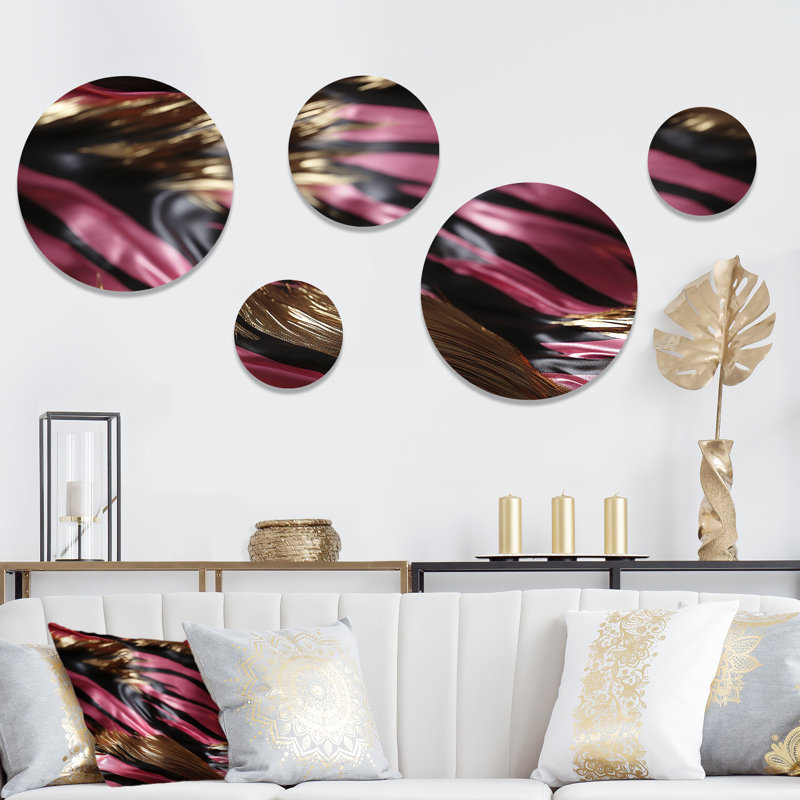 Zèbre rose et noir fractal II - ensemble abstrait d'art mural rond de 5