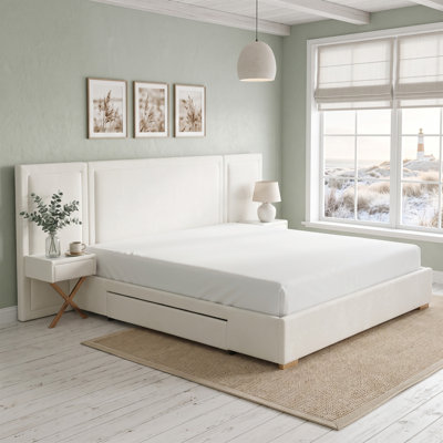 Hotel-Style Velvet Upholstered Platform Bed with Extra-Wide Headboard and Attached Nightstands