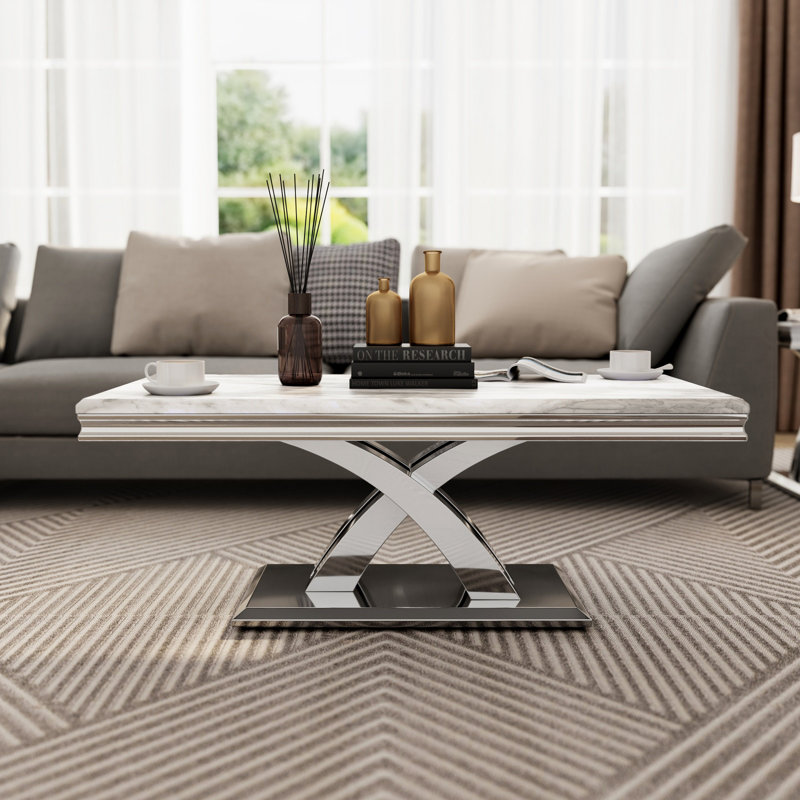 White And Silver Rectangle Coffee Table With Polished Silver Double X-Base