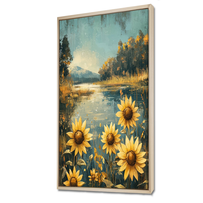 Décoration murale tournesols d'automne Dumitra au bord de la rivière II - Tournesols, H 60 po x l 28 po, Crème, crème