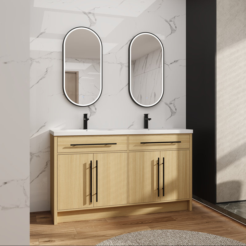 Meuble-lavabo autoportant de 60 po avec lavabo en résine et rangement à fermeture en douceur, 60"