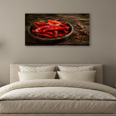 Canvas Wall Art Red chili peppers shot from rustic wooden table Wall Decor for Living Room Bathroom Bedroom Office 20"H x 40"W Art Paintings, Ready to Hang