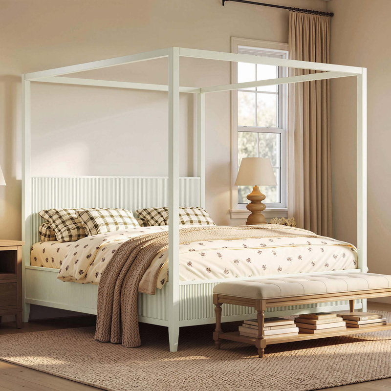 Fluted Canopy Platform Bed with Sturdy Wood Frame, Beige