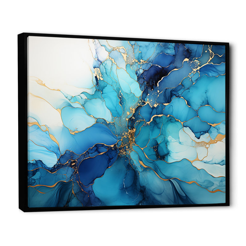 Orage encre dorée et tempête bleue - Décoration murale abstraite, Cadre flottant noir, H 24 po x l 32 po