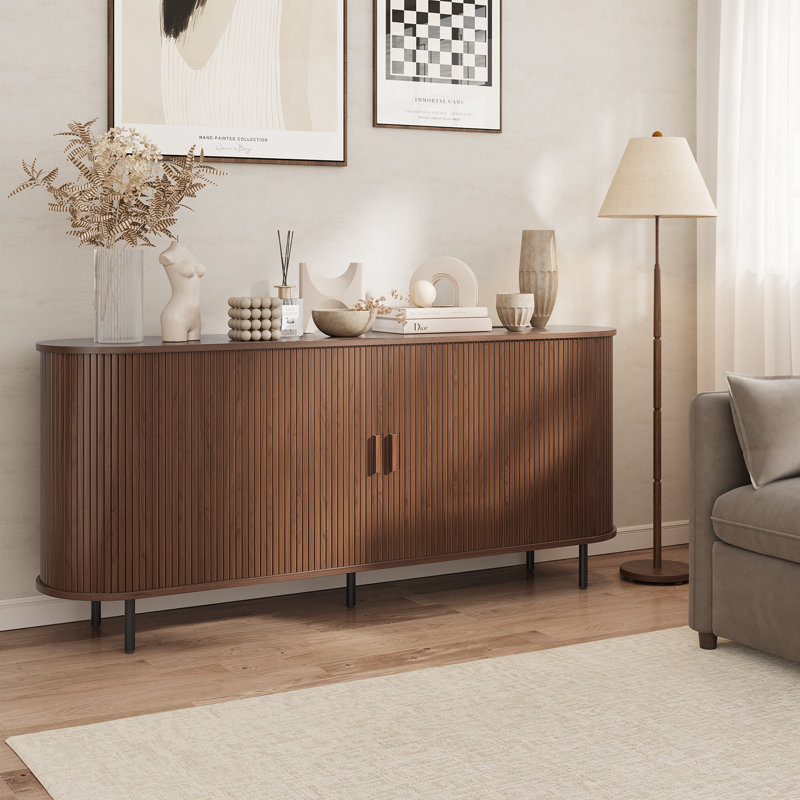 Buffet avec grand tiroir, buffet avec porte coulissante Tambour et tablette réglable, Noyer, 70'' W X 30'' H X 15.35'' D