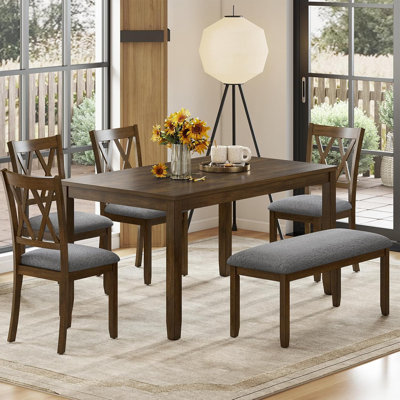 Ensemble de salle à manger 6 pièces en bois - Table rectangulaire avec banc et chaises