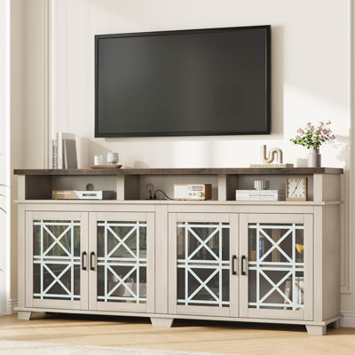 Farmhouse TV Stand For 80 Inch, Mid Century Modern Entertainment Center With LED Lights And Storage, Wooden Media Console Cabinet Furniture With Glass -  Winston Porter, 9A101F7635E54A0DBFC3B7F4C7E38627