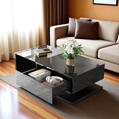 Table basse Flora avec plateau brillant, éclairage DEL et rangement