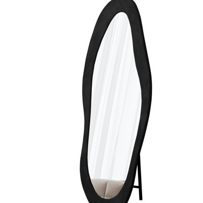 Large 63"X24" Full Length Mirror, Flannel Wrapped Frame, Irregular Wavy Style, Wall Or Floor Placement, Shatterproof And Safe 63" X 24" Black Footprint, - Hanging, For Living Room Setup