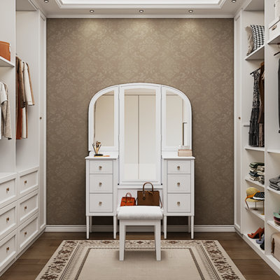 Antique Makeup Vanity Desk With Triple Mirror, 6-Drawer Dressing Table Set Including Stool, Full Length Mirror For Bedroom Dressing Room