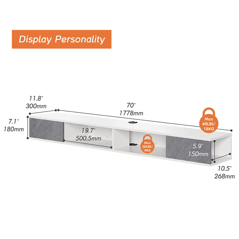 Meuble audio-vidéo Doaa, Blanc / gris, H 7,1 po x l 70,5 po x P 11,8 po