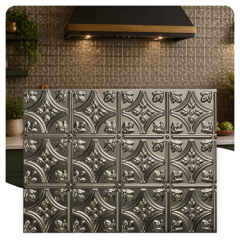 Ensemble de dosseret Savannah 18 po x 24 po - 5 tuiles, 2 garnitures en J et 1 garniture d'angle intérieure, Nickel brossé