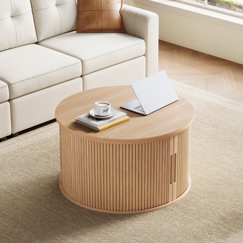Ansel Round Lift Top Coffee Table With Storage, Beige