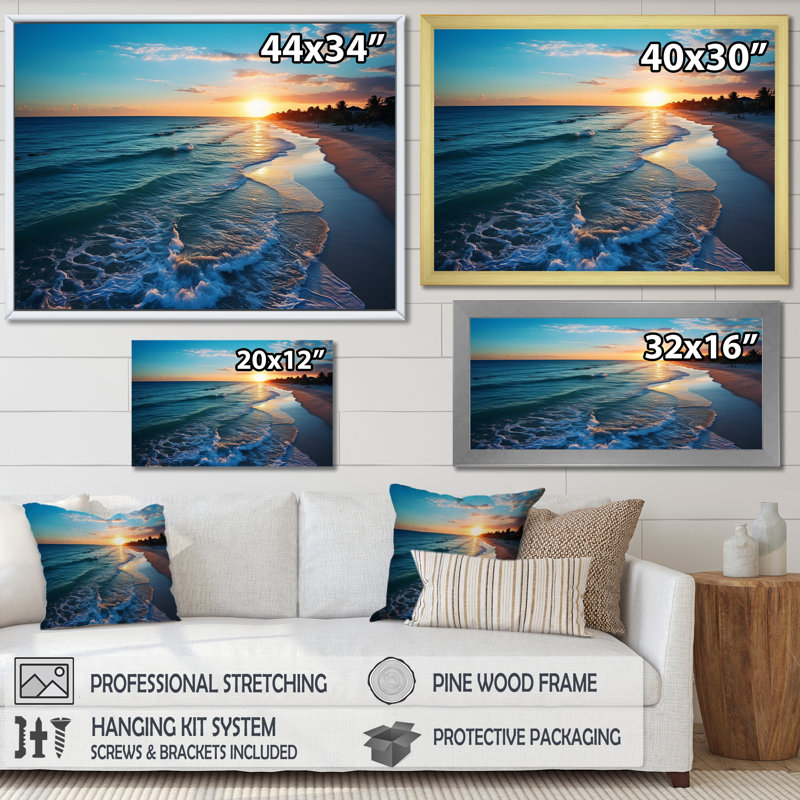 Tranquil Shores Sunset Beach Horizon IV - Art mural plage, Cadre flottant noir, H 24 po x l 32 po x P 1 po