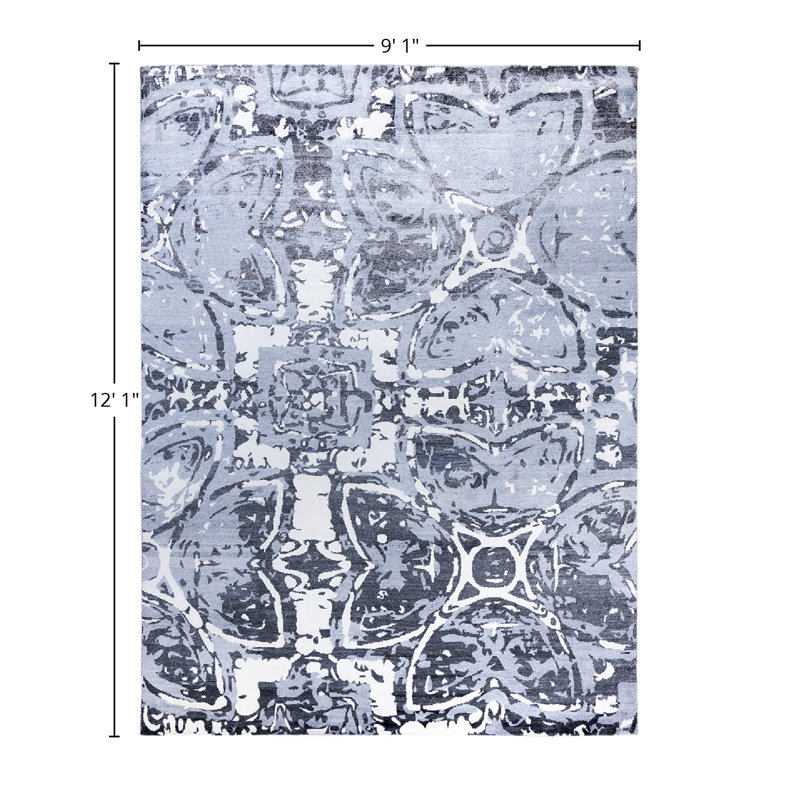 Blue Hand-Knotted Silk Rectangular Area Rug, 9' 1" x 12' 1"