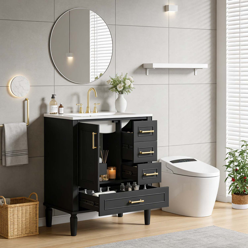 Meuble-lavabo moderne avec lavabo en céramique, porte à fermeture douce et tiroirs multiples, Noir