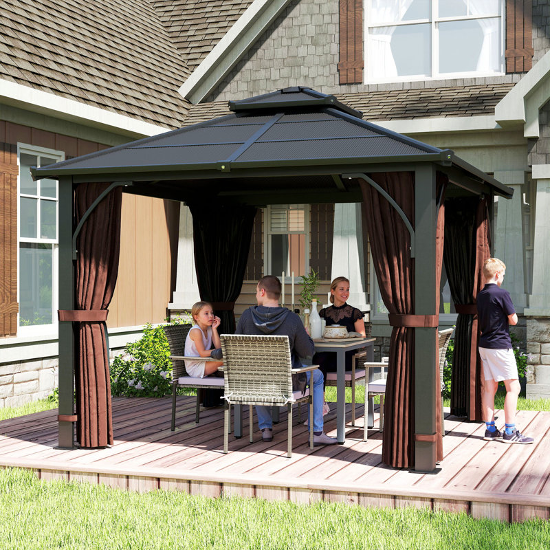 Pavillon de jardin en polycarbonate à toit rigide 10 pi x 10 pi avec filet et rideaux