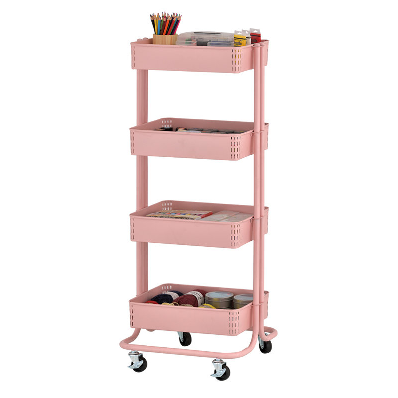 Blush Pink 4-Tier Metal Rolling Utility Cart
