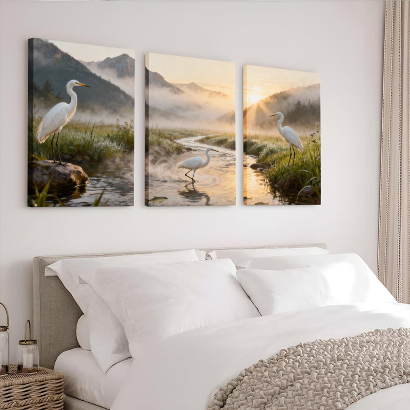 Ensemble de 3 tableaux sur toile tendue représentant un héron blanc dans un ruisseau de montagne, H 18 po x l 36 po